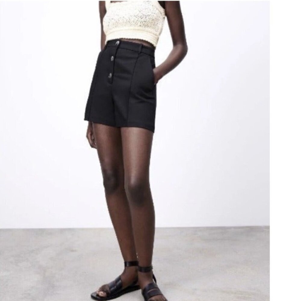 Zara New Womens High Waisted Sailor Button Black Bermuda Shorts